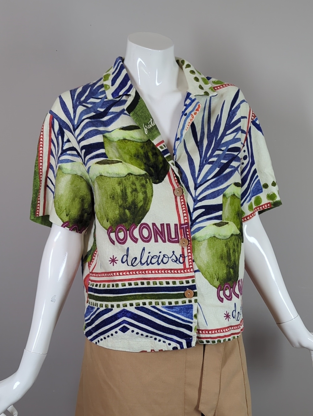 Rachel Zoe Linen Blend Short Sleeve Button Blouse Coconut Tropical Vacation S
